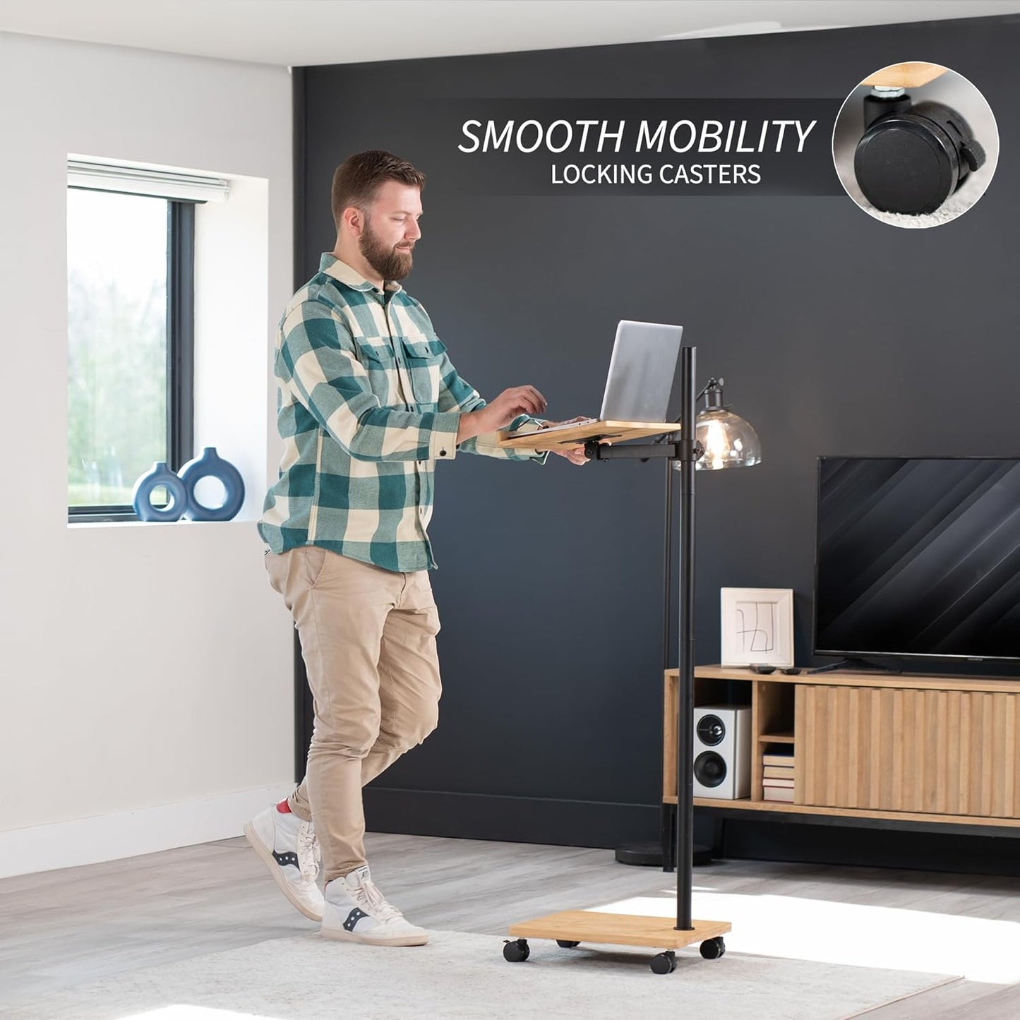 VIVO Mobile 16 inch Mobile Podium Reading Stand, Portable Rolling Book Holder, Real Bamboo Surfaces and Black Pole, CART-BK01B