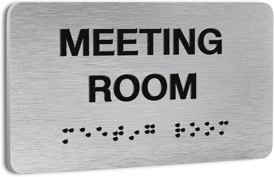 Meeting Room Signs for Business and Office Sign, ADA Signs with Raised Text & Grade 2 Braille, Easy Installation with Adhesive Pad – Brushed Aluminum/Silver