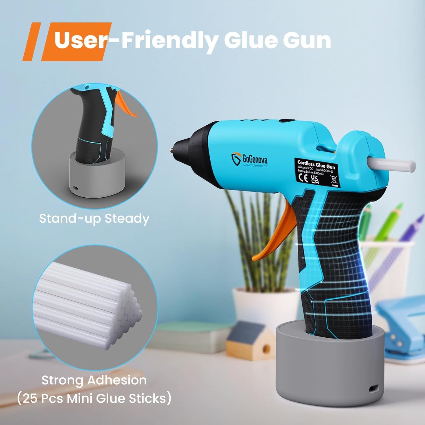 Cordless Hot Glue Gun, GoGonova 15s Fast Preheating 5Ah Built-in Battery Hot Melt Glue Gun, Smart Power-Off, Kit with 25 Pcs Premium Mini Glue Sticks and USB-C Charging Port