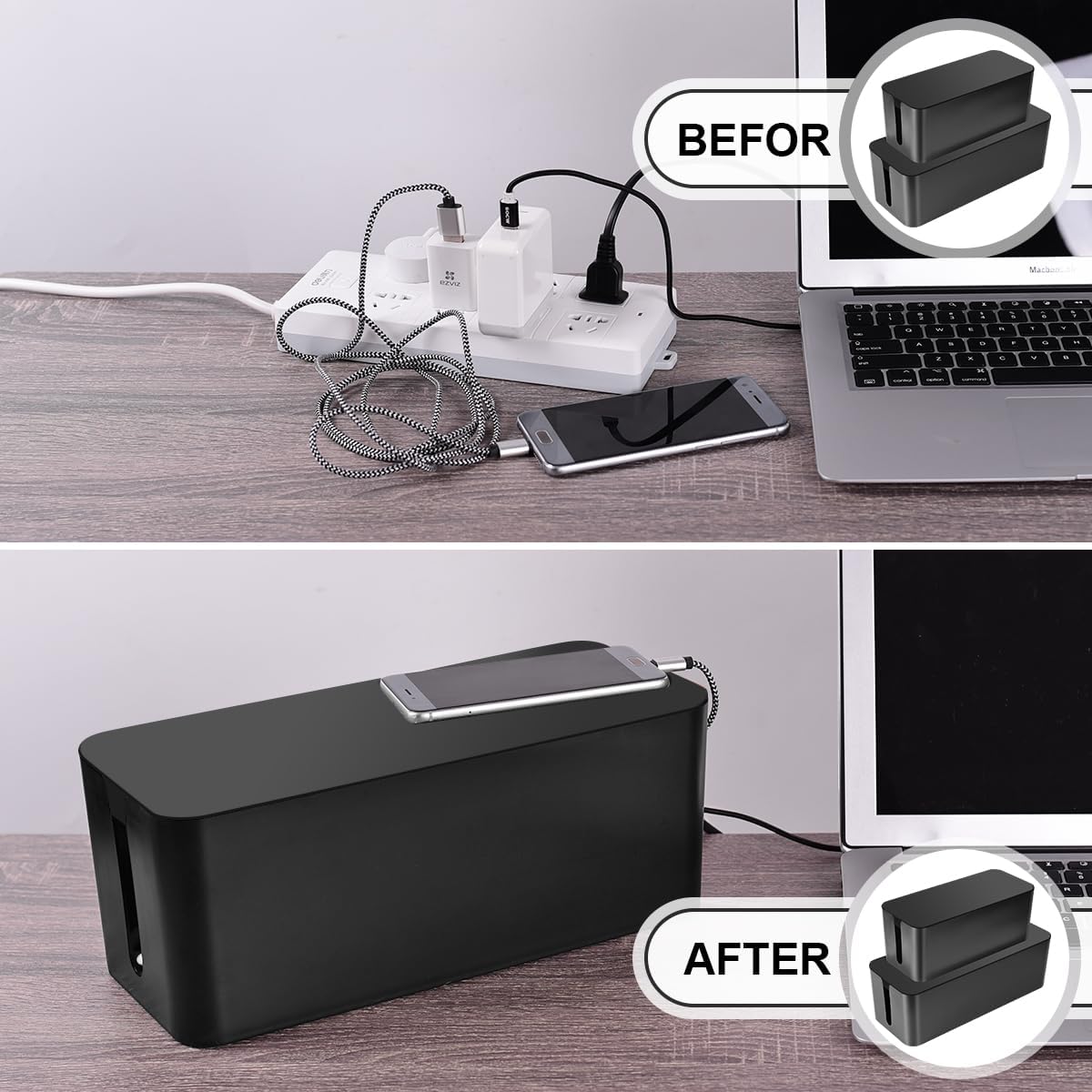 Cable Management Box, 2 Pack Large & Medium Cable Organizer Box with 17 PCS Cable Management Set, Cord Organizer Box to Hide Surge Protector on Desk or Floor (Black)