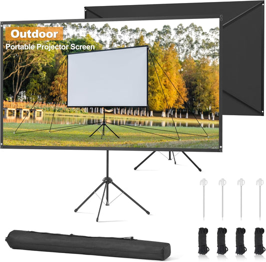 Outdoor Projector Screen 80 Inch, 16:9, High Gain, Projector Screen with Stand, Wind-resistant Design for Portable Projection Screen Outdoor, With Ropes and Spikes, 4K Image for Home Theater, Camping.