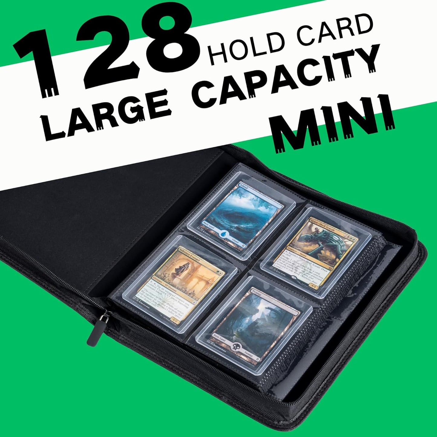 Toploader Binder, Holds 128+ Toploaders, 4 Pocket Top Loader Card Storage Case, Double-Sided Pockets for trading card in 3 x 4'' Toploaders (Grass Green)