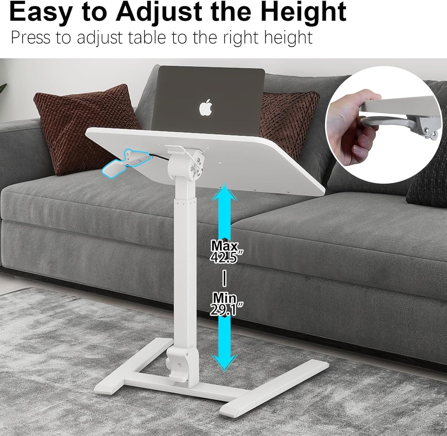 PUNCIA Adjustable Height Small Standing Desk Foldable Laptop Table with Stoppers - 90° Tiltable Rolling Computer Cart Portable Workstation Mobile Desk for Home Office Small Space Bedroom Dorm Study