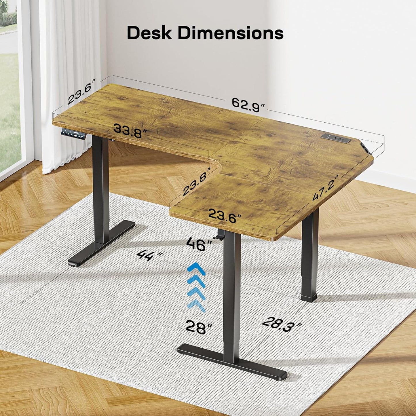 HUANUO 63″ Dual Motor L-Shaped Standing Desk, Built-in Power Outlets, Electric Height Adjustable Corner Computer Desk, Large Power Strip Holder, Sit Stand Up Desk with 3 Preset Heights, Vintage Brown