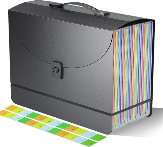 25 Pockets Expanding File Folders,Accordion File Organizer,Portable Filing Box with Plastic Handle,Expandable File Folder,Monthly Bill Receipt Paper and Document Organizer,Colored Tabs,A4/Letter Size