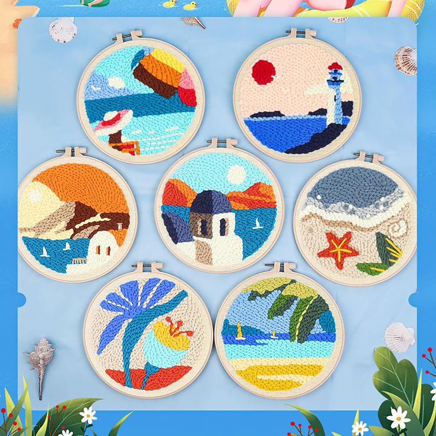 Punch Needle Kits Adults Beginner DIY Hawaiian Style 8 in Hoop Embroidery Set Starter Punch Needle Tool for Art Crafts, Ideal for All Ages, Perfect Festival Decoration & Gift (Setting Sun)