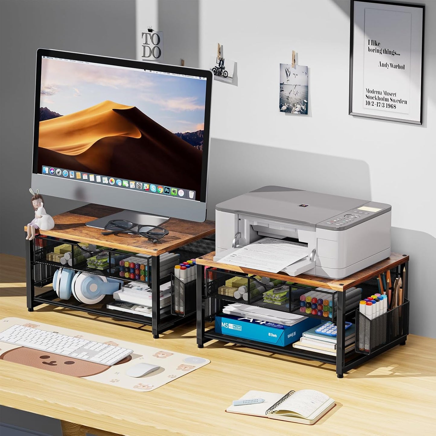 Marbrasse Wood Printer Stand for Desk, 2-Tier Desktop Printer Table for Home Office, Printer Stand with Storage Drawer 2 Pen Holders, Multi-Purpose Desk Organizer for Fax Machine Scanner(Wood Brown)