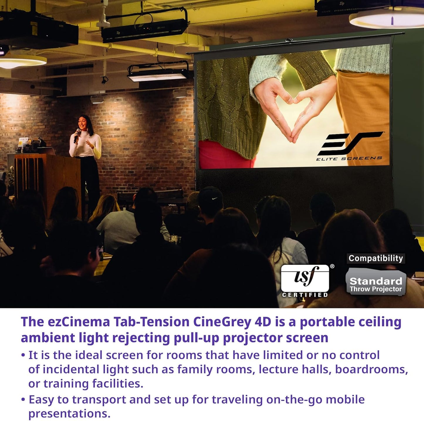 Elite Screens ezCinema Tab-Tension CineGrey 4D, 113-inch 16:9, Manual Floor Pull Up ISF Ceiling Ambient Light Rejecting, Portable Home Office Classroom Projector Screen with Carrying Bag, FT113UH-C4D