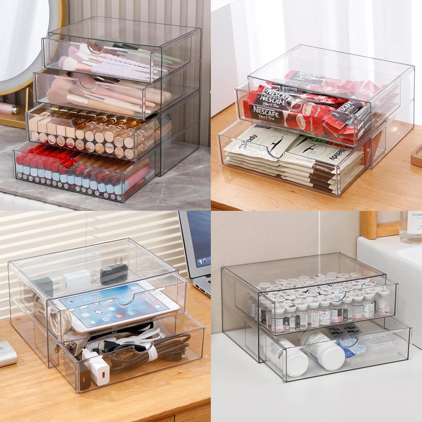 Clear Desk Organizers and Accessories, Plastic Drawer Organizer for Home Office Supplies, Marker Pen, Notebooks, Art Crafts, Stackable Makeup Storage Box for Bathroom Vanity (4 Drawers)