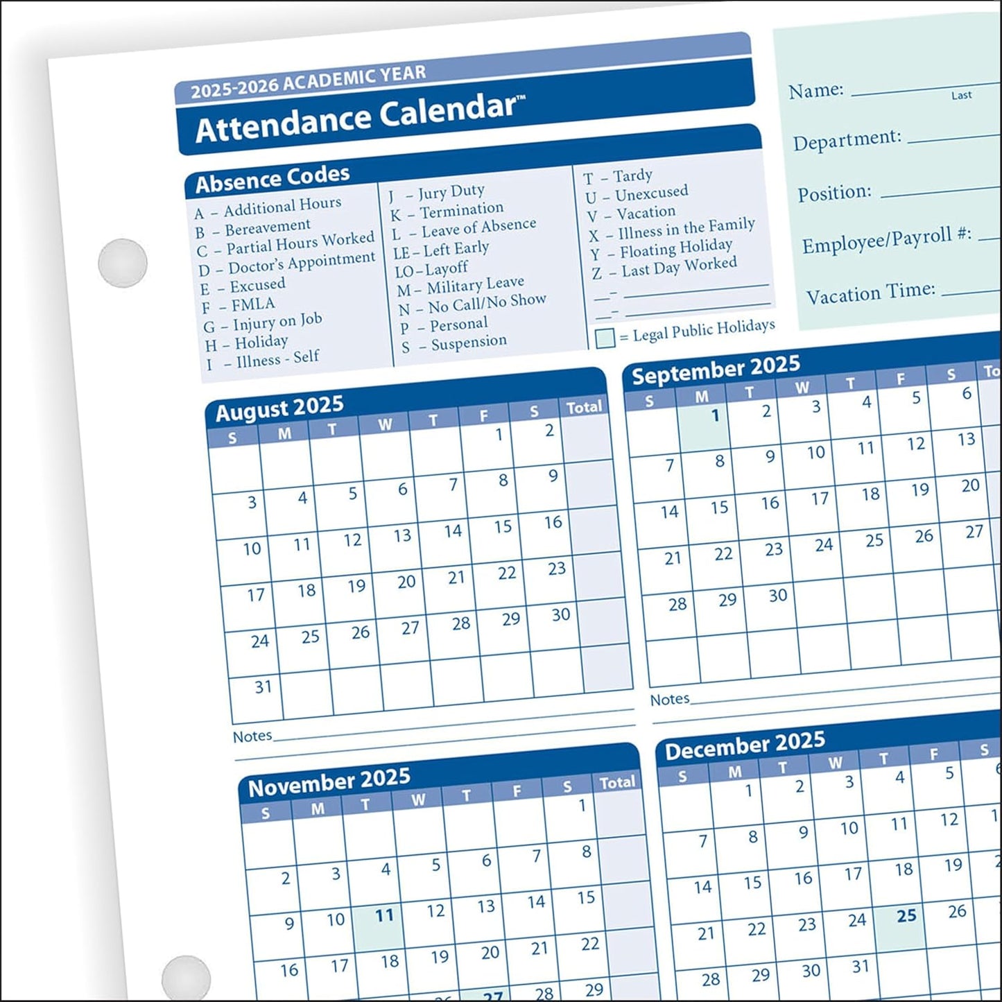 2025-2026 Academic Attendance Calendar, Pack Of 50