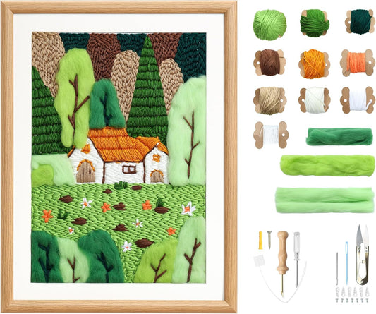 clberni Punch Needle Kit, Punch Needle Embroidery kit, Crafts for Adults, Matching 16“Photo Frame Hanging on Wall as Home Décor (Forest with Photo Frame)