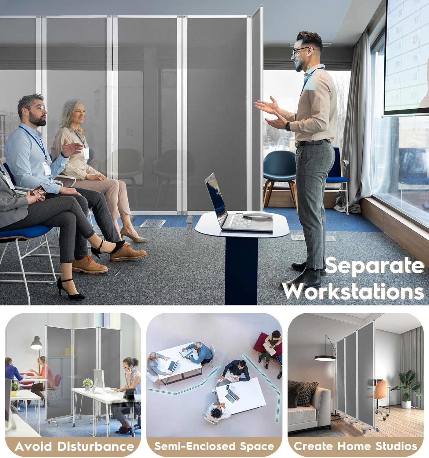 Flodable Wall Partition Sliding Office Dividers Workstation Privacy Panels Freestanding Rolling Screen,Grey Fabric,71" H x 24" W,Locking Wheel