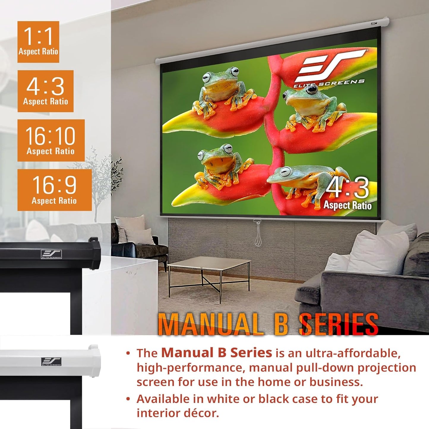 Elite Screens Manual B, 120-INCH 4:3, Manual Pull Down Projector Screen 4K / 8K Ultra HDR 3D Ready with Slow Retract Mechanism, 2-YEAR WARRANTY, M120V