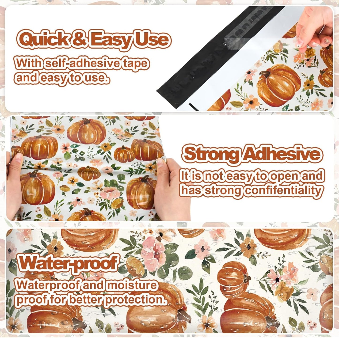 100Pcs Fall Poly Mailers 10 x 13 Inch Watercolor Floral Pumpkin Packagaing Bags Autumn Self Seal Mailing Envelope Bags for Harvest Thanksgiving Small Business Clothing