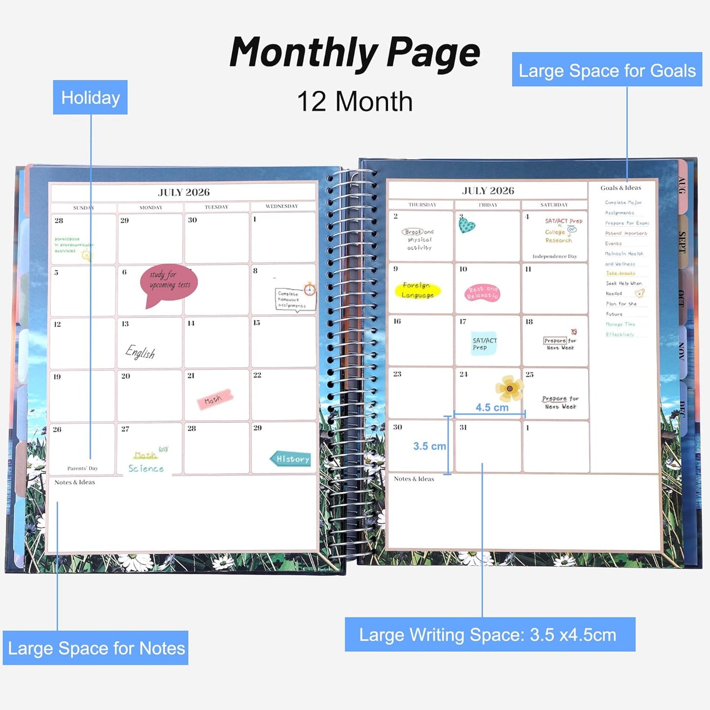 CAGIE Planner 2026 Monthly (Jan. 26-Dec. 26), 12 Month Academic Planner 8.5"x11", Large Daily Planner with Hourly Timeslot, Monthly Tab, Spiral Binding, Bookmark