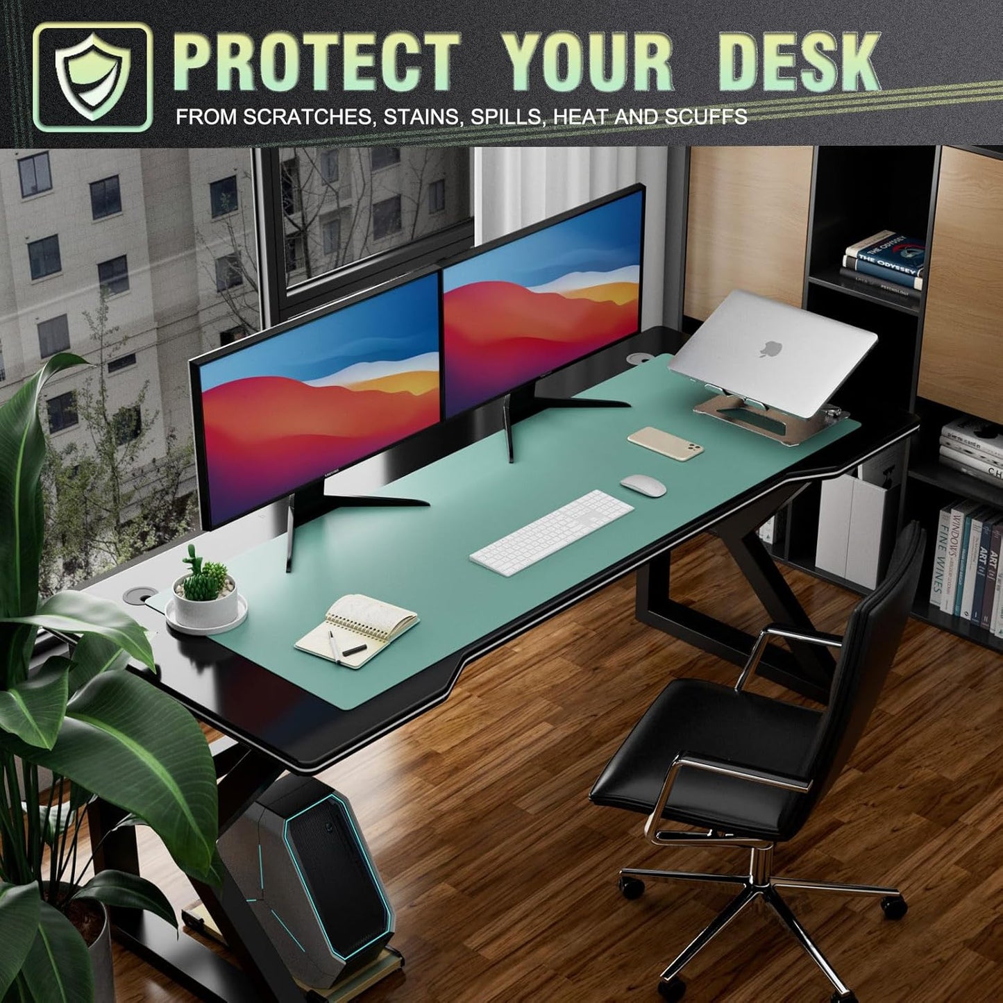 K KNODEL Large Office Leather Desk Mat, Mouse and Keyboard Pad, Computer and Laptop Mat, Desktop Protector and Cover, Writing Pad and Blotter (47.2"x17", Green)