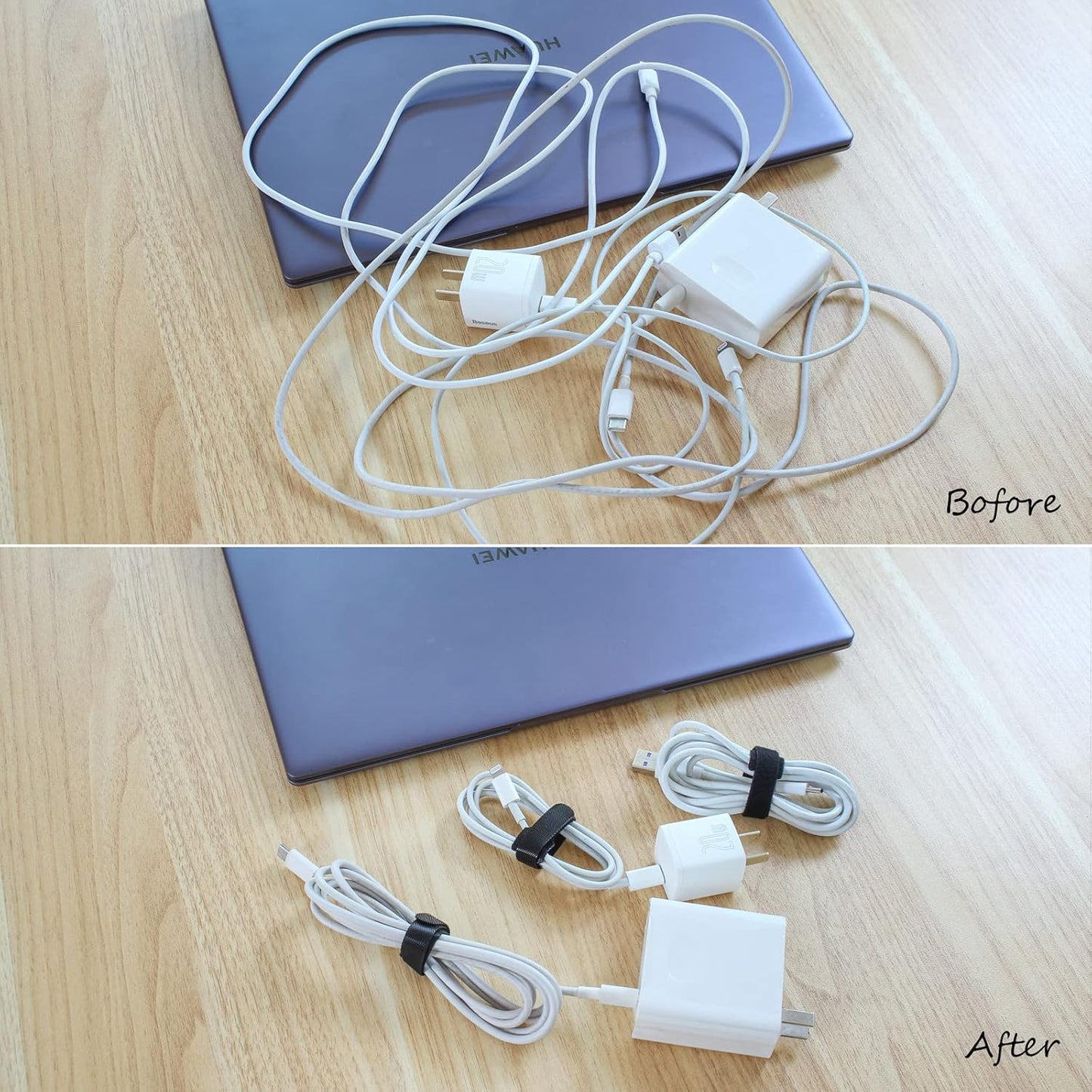 OneLeaf 80PCS Reusable Cable Ties, Black Adjustable 6-Inch Cord Organizer Ties, Multi-purpose Hook Loop Cable Management Wire Ties for Organizing Home, Office, Data Centers