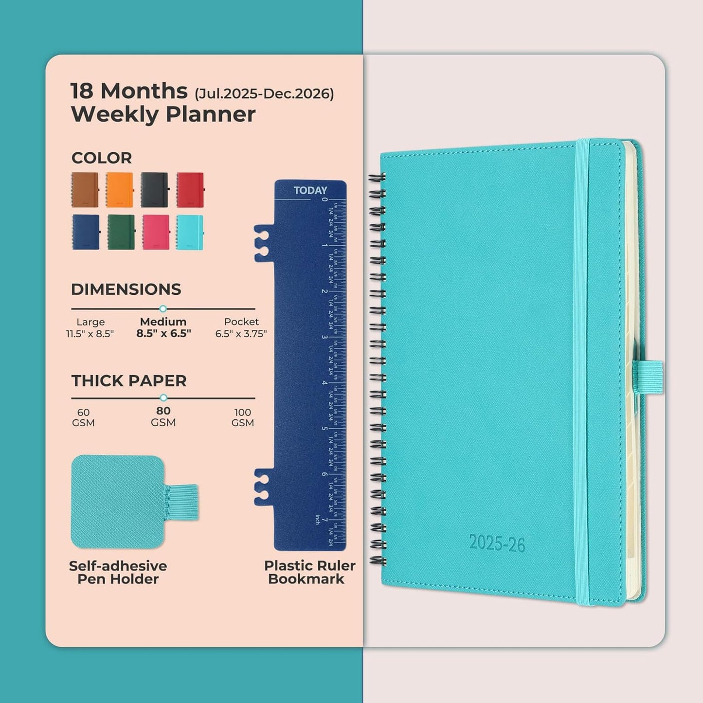 Planner 2025-2026 Daily Weekly and Monthly,8.5"x6.5",18 Months Spiral Bound Calendar Agenda with Self-adhesive Pen Holder,2026 Academic Plan with Vegan Leather Soft Cover,Light Blue