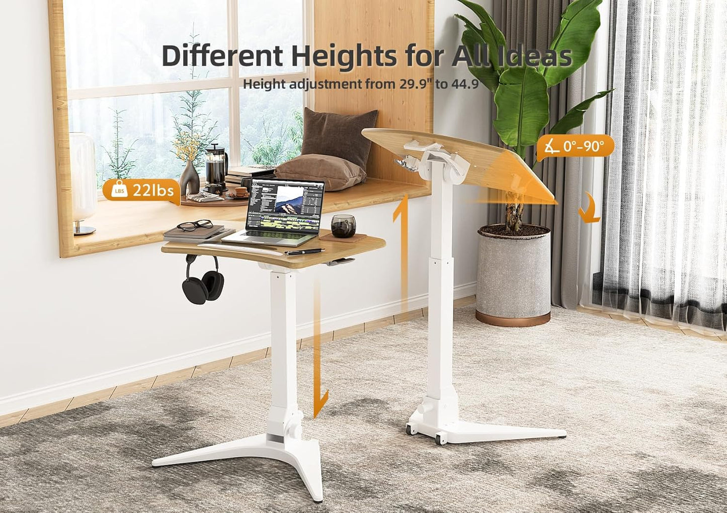 Claiks Mobile Standing Desk, Portable Rolling Standing Desk with Wheels, Pneumatic Height Adjustable Sit-Stand Desk Workstation with 90° Tiltable, Foldable Desk with Non-Slip Computer Stand, Bamboo