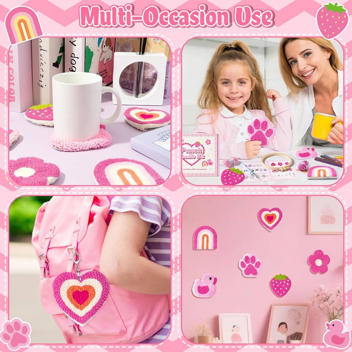 WATINC Punch Needle Coaster Kits - 23Pcs Easy Art Work Decor Craft Supply for Beginners, DIY Set of 6 Unique Pattern Tufted Pads with Adhesive Felt Yarns Tools Instruction Customized Boxes (Pink)