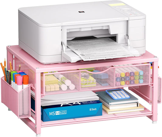 Marbrasse Metal Printer Stand for Desk with Storage Drawer and 2 Pen Holders, 2-Tier Desktop Organizer Printer Table for Home Office, Multi-Purpose Desk Organizer for Fax Machine Scanner Files(Pink)