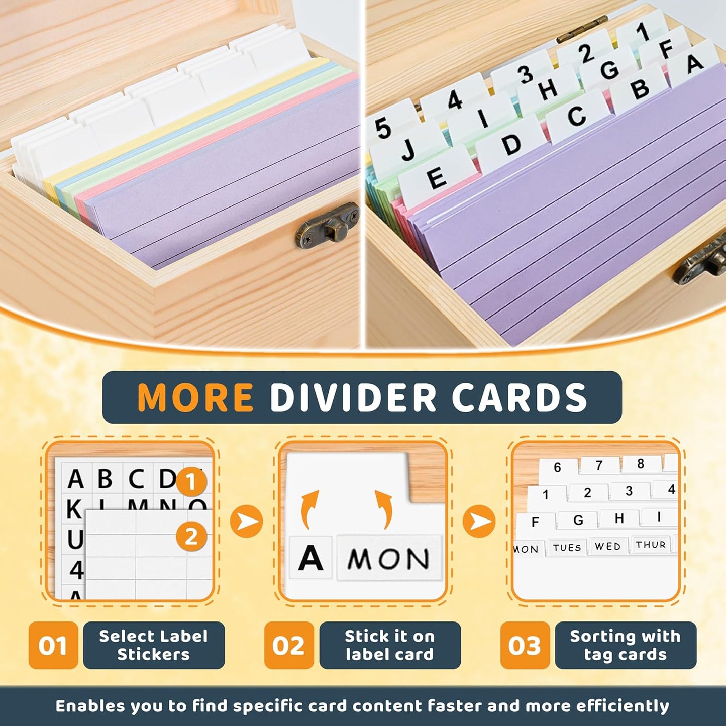 MOBYKE Index Card Holder 3x5, 100 Pcs Heavy-Duty Index Card Business Card Organizer Wooden Recipe Box with Dividers Flash Card Holder with 30 White Dividers, 1 Blank Sticker and 1 Letter Sticker