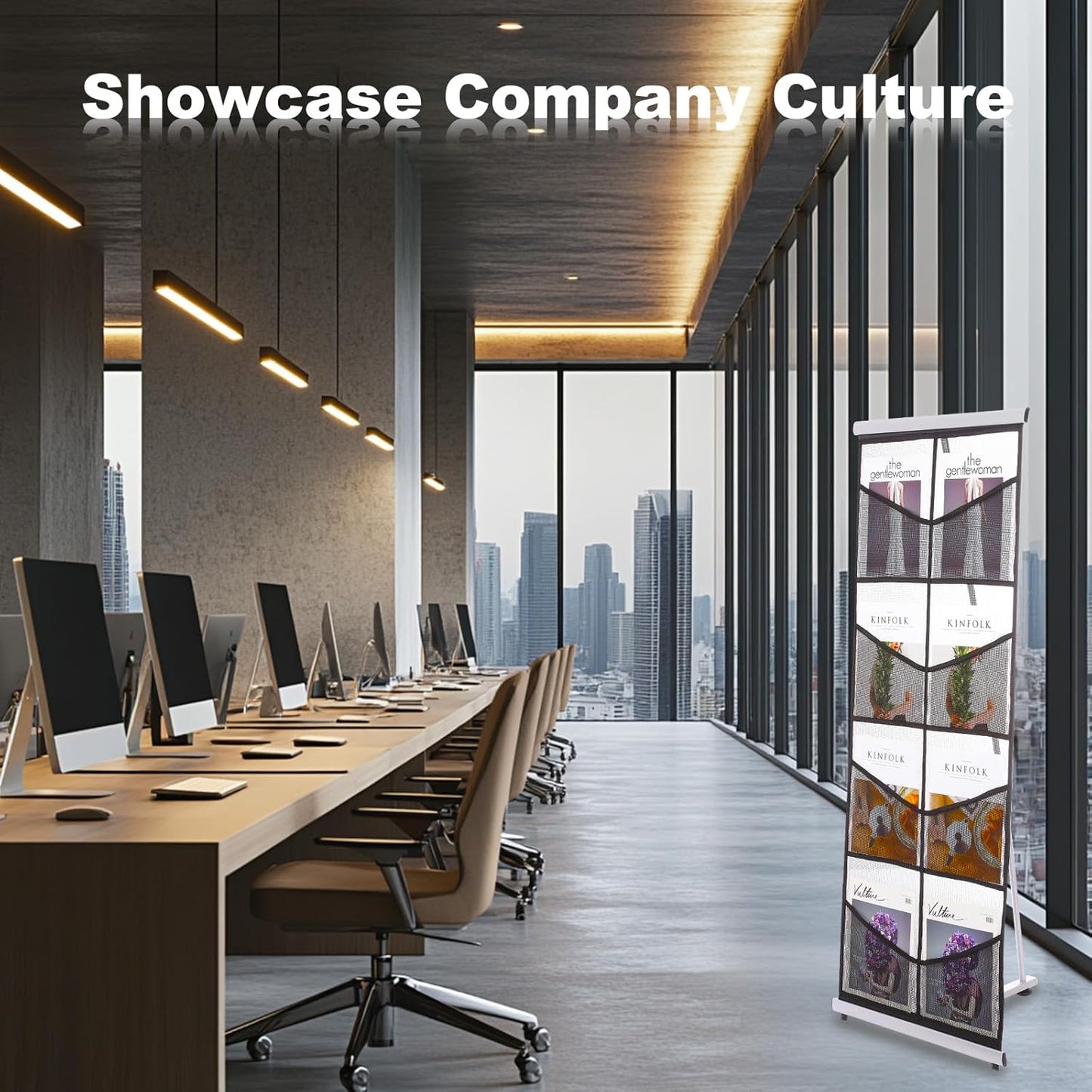 PATIKIL Portable Magazine Display Racks Floor Standing Double A4 8 Mesh Pockets Brochure Stand Catalog Literature Holder for Hotel, Exhibition, Office, Black