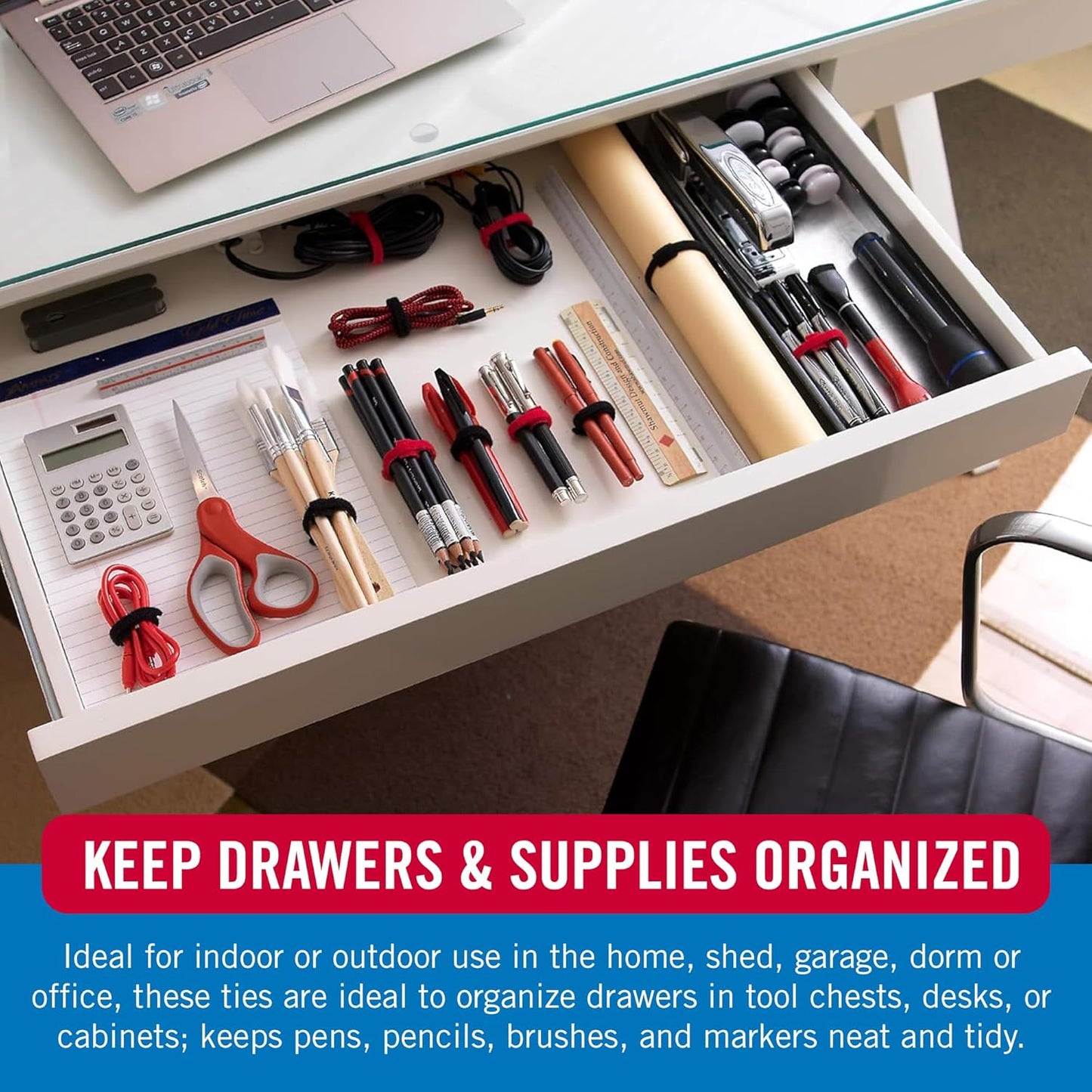 VELCRO Brand ONE-WRAP Cable Ties, 100Pk, 8 x 1/2" Black Cord Organization Straps, Thin Pre-Cut Design, Wire Management for Organizing Home, Office and Data Centers