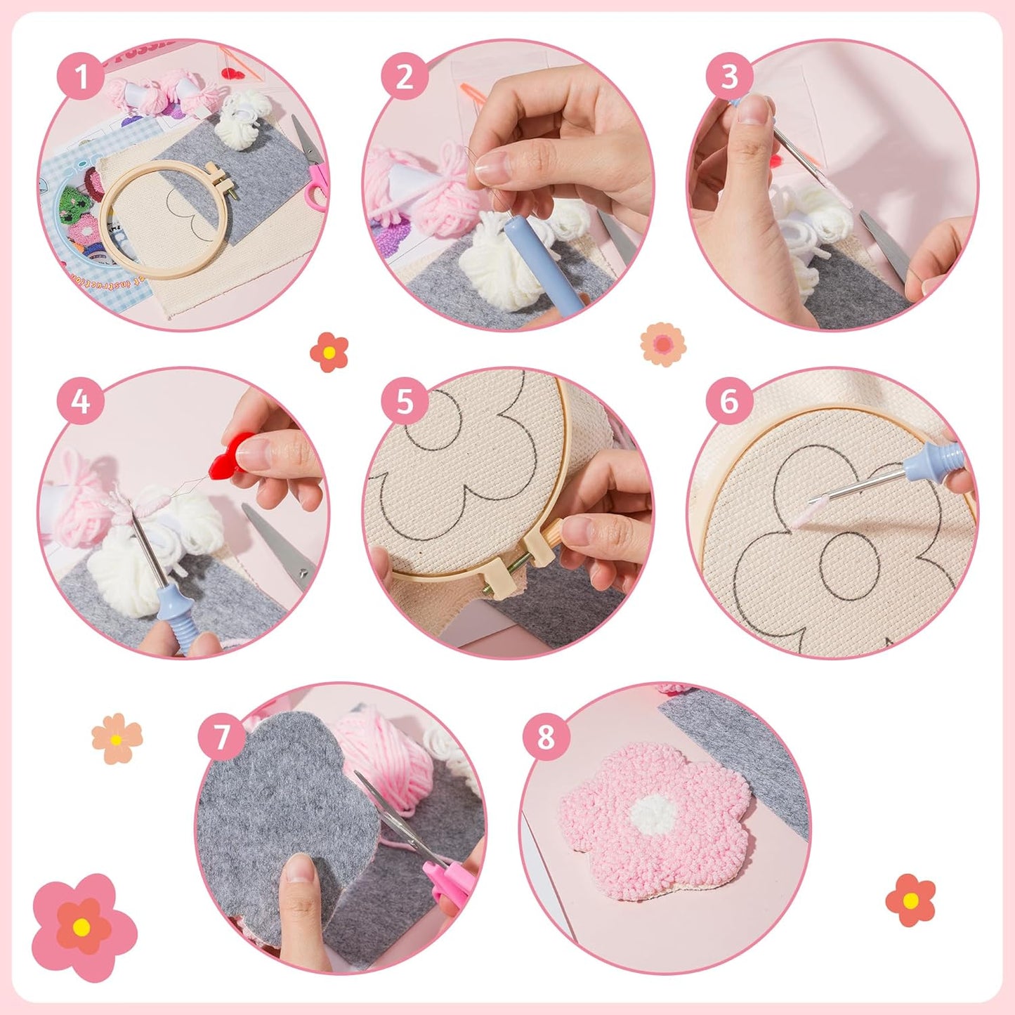 WATINC Flower Punch Needle Coaster Kit - 22Pcs Crafts Punch Needle Coasters Kits for Beginners, Flower Pattern Coaster Tufted Rug Pads with Adhesive Felt Yarns Embroidery Hoop Instruction (Macaron)