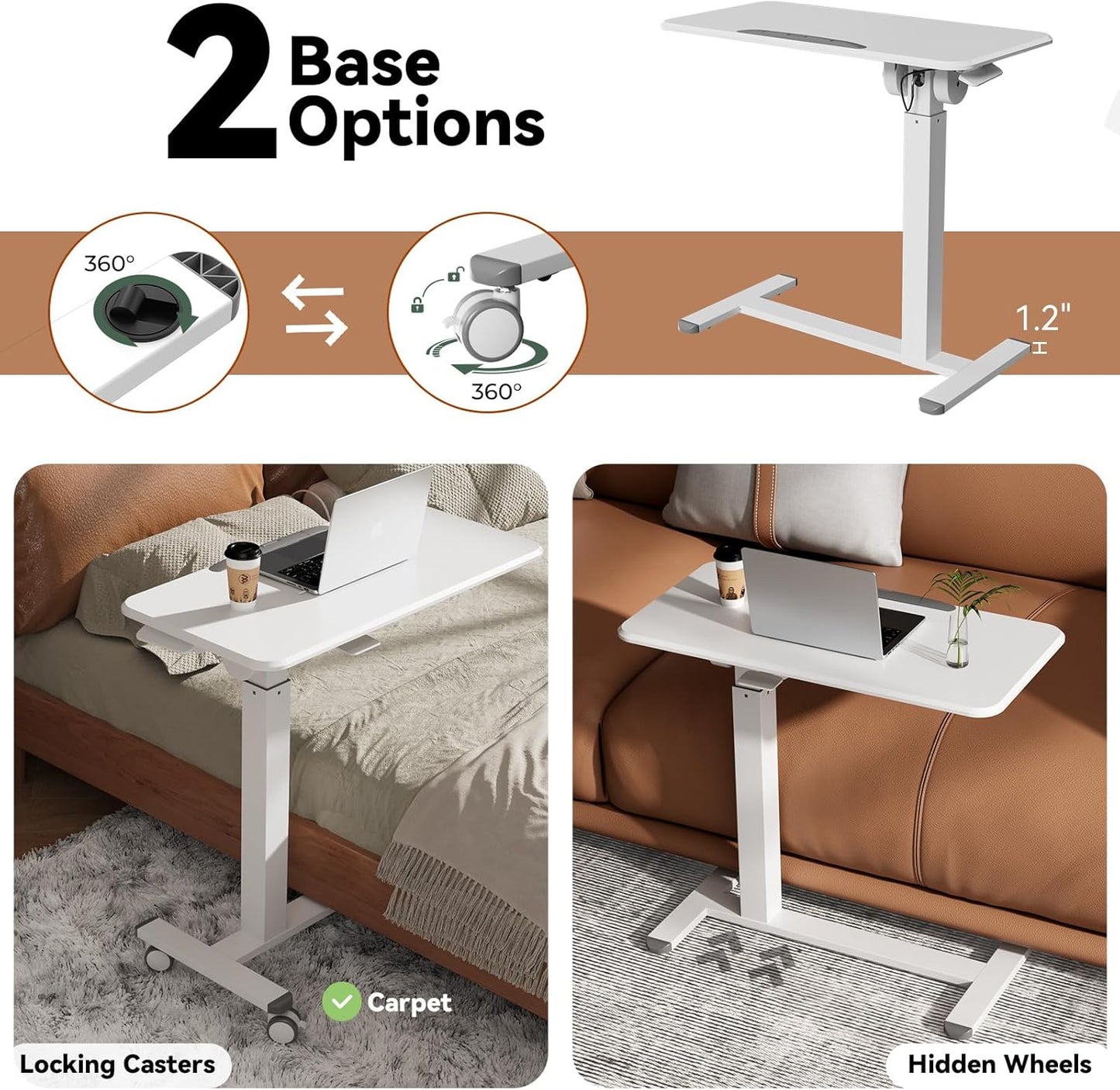 Mobile Standing Desk, Height Adjustable Left/Right Overbed Bedside Table, 90° Tiltable Portable Laptop Desk with Wheels, Foldable Computer Cart for Hospital Home Use, White