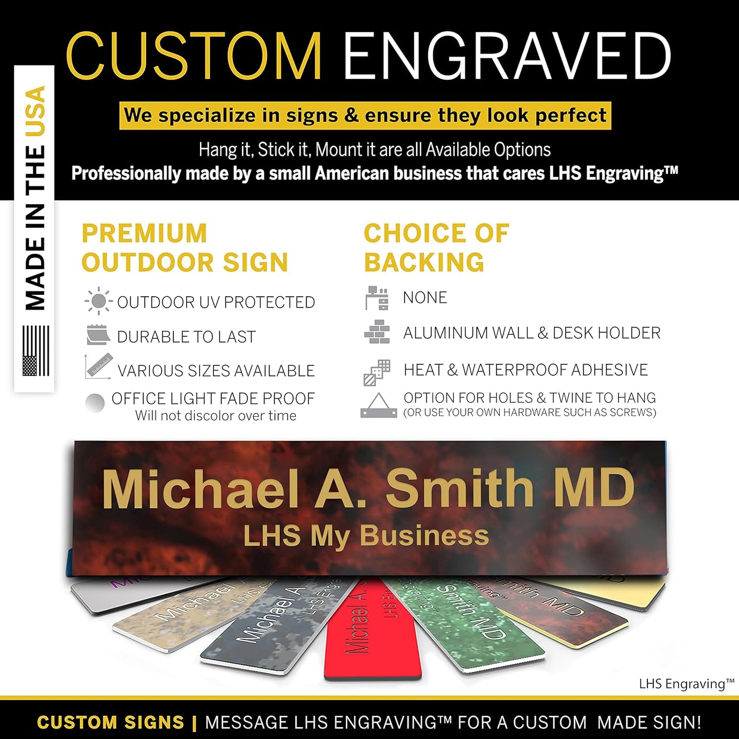 Engraved Name Plates for Door Sign Personalized Burlwood Plastic Plaque with Gold Letters - Made in USA 2x10 N2