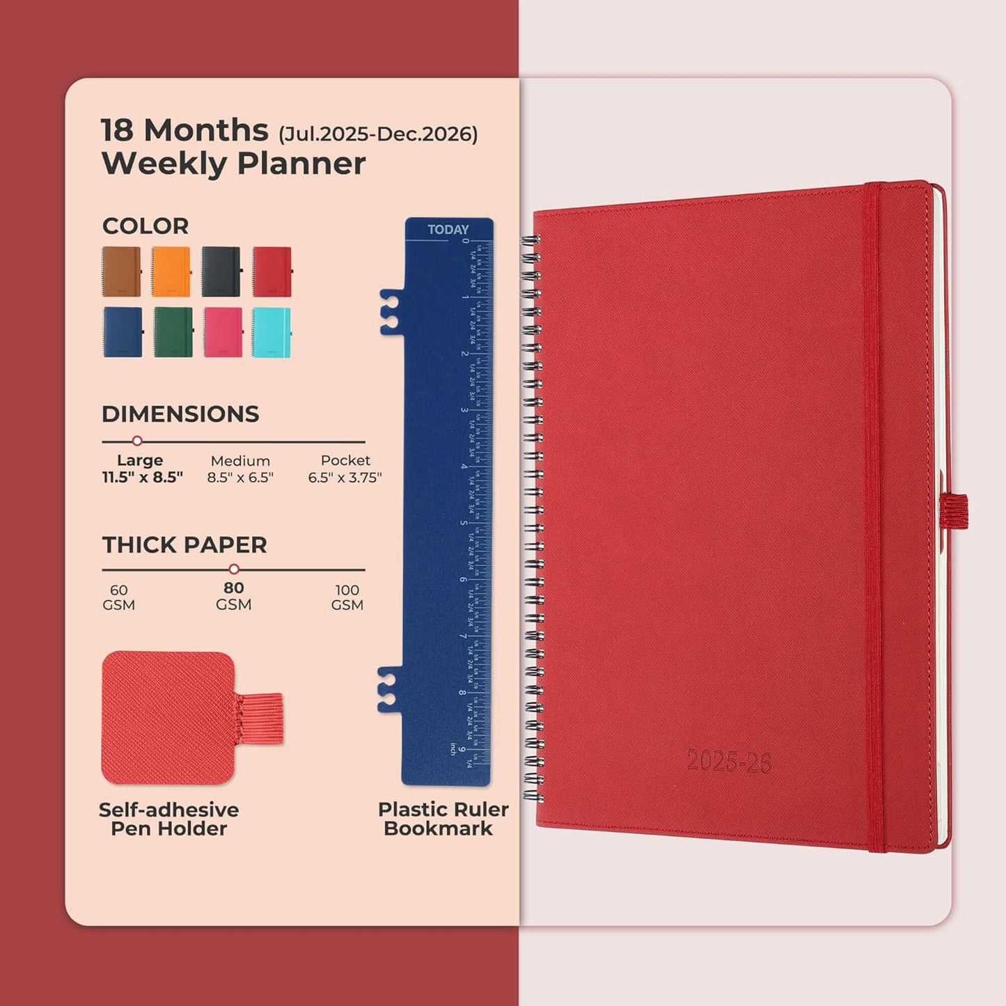 Planner 2025-2026 Daily Weekly and Monthly,11.5"x8.5",18 Months Spiral Bound Calendar Agenda with Self-adhesive Pen Holder,2026 Academic Plan with Vegan Leather Soft Cover,Red
