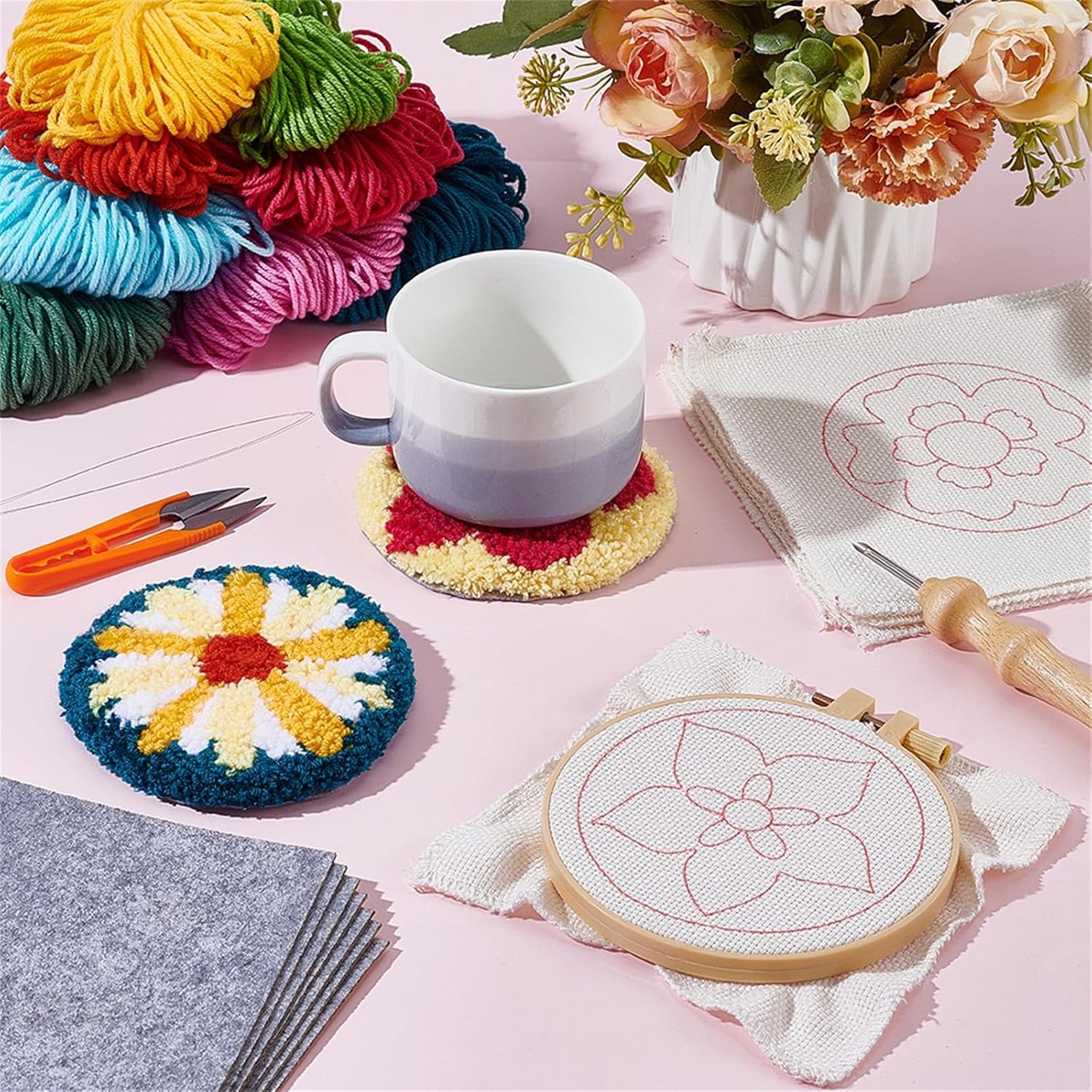 GLASSWINDS 8 Pcs Punch Needle Kit for Adults Beginners Flower Punch Needle Coaster Kit Rug Tufting DIY Embroidery Kits Art Craft Supplie with Stamped Fabric, Hoops, Yarns and Sewing Needles