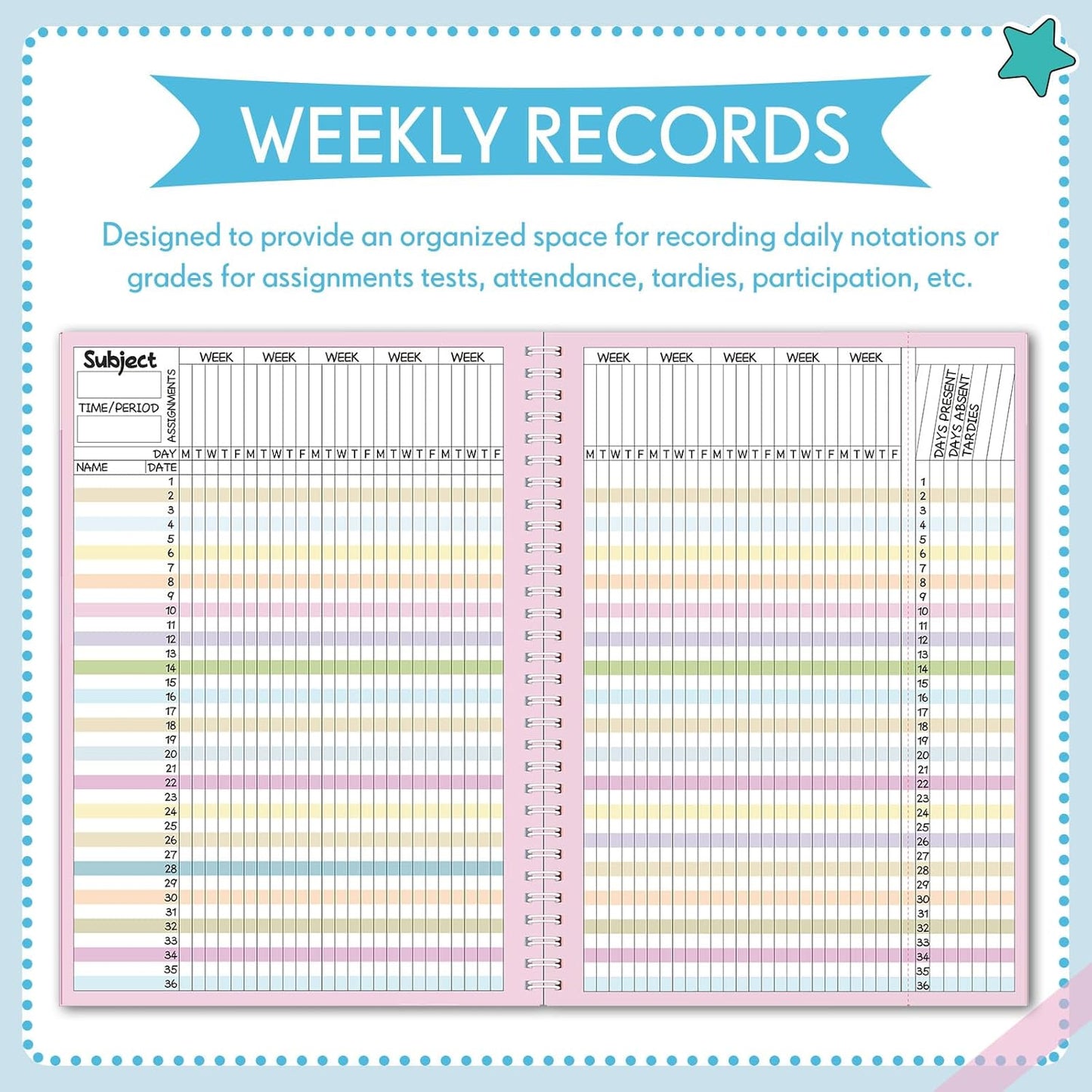 Fuyoooo Teacher Record Book Teacher Grade Books 2025-2026 Spiral Bound Record Class Grade Book Office Favors Gift for Classroom Attendance Supplies Decoration Double Sided(Black Dots)