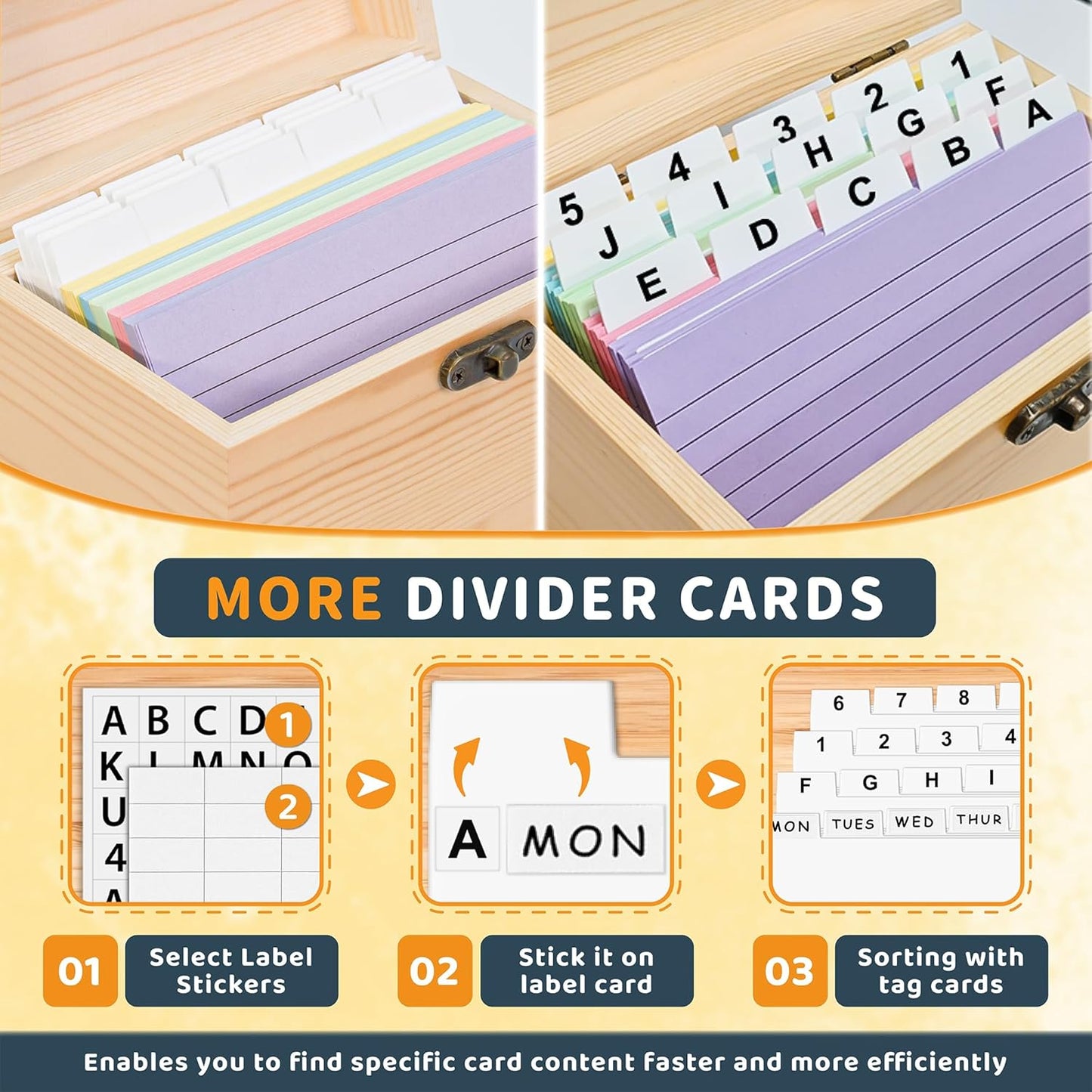 MOBYKE Index Card Holder 4x6, 100 Pcs Heavy-Duty Index Card Business Card Organizer Wooden Recipe Box with Dividers Flash Card Holder with 30 White Dividers, 1 Blank Sticker and 1 Letter Sticker
