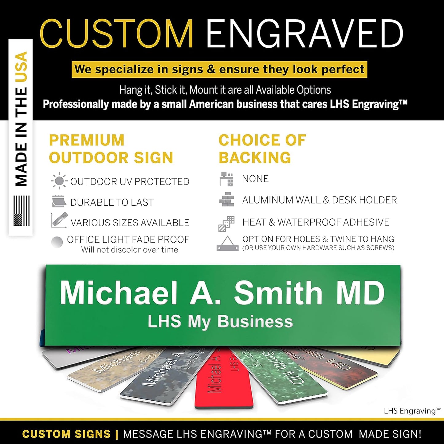 Engraved Custom Door Plate Green Plastic Office Door Sign with White Letters - Made in USA 2x8 B6