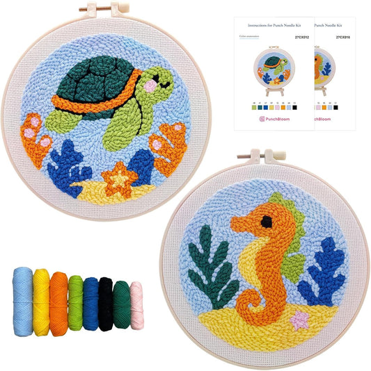 Punch Needle Kit for Beginner, 2-Pcs Punch Embroidery Starter Kit– Easy Adult Stitch Set with Instructions – Fun DIY Needle Point Craft for Home Art Decor & Gift Idea (Sea Turtle & Sea Horse)