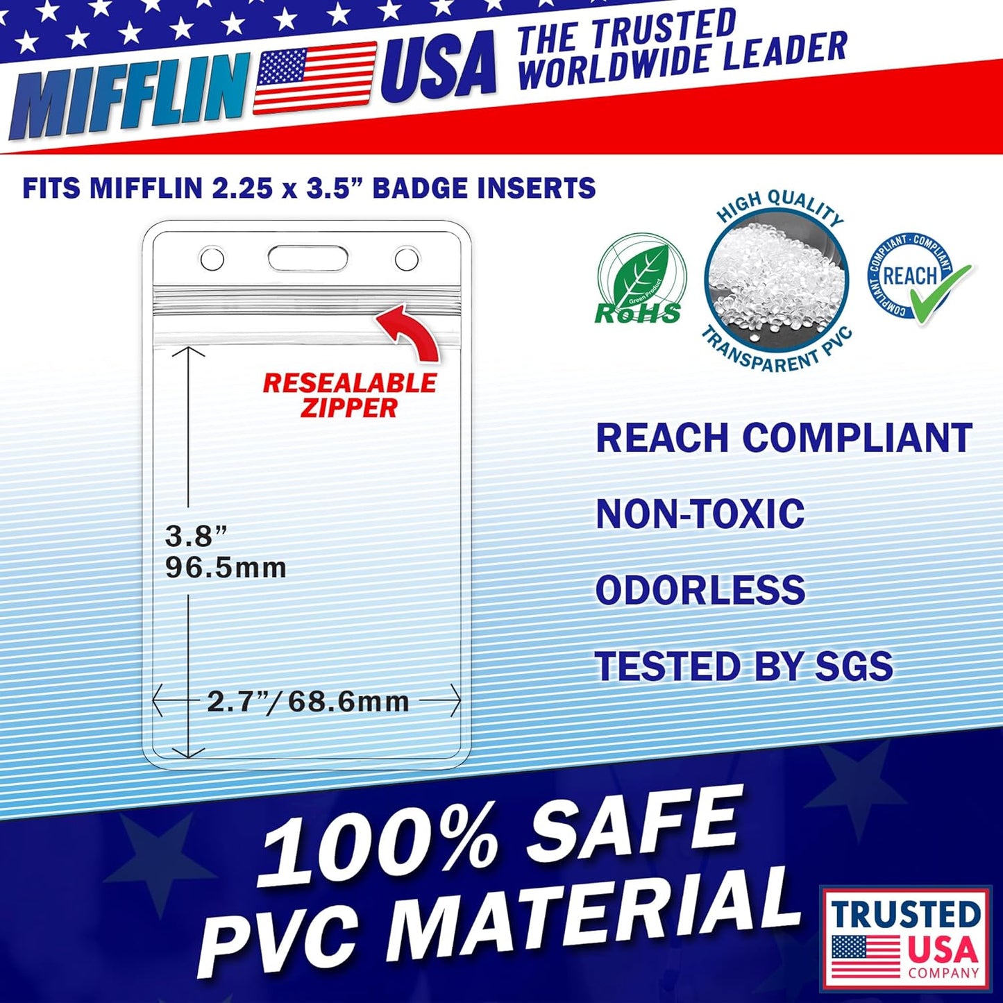 Mifflin-USA Plastic Waterproof ID Badge Holders (Clear, 2.25x3.5 Inch, 10 Pack), Vertical Hanging Name Card Holder with Zipper, Resealable Bulk Nametag Holders