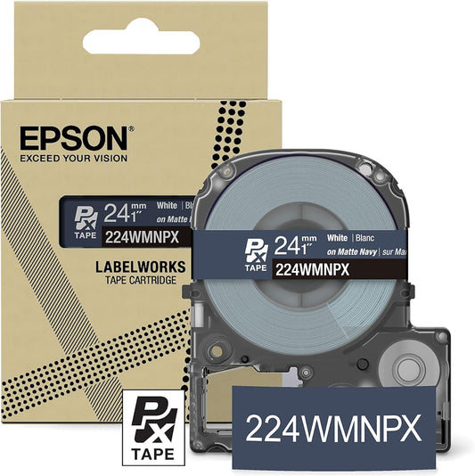 Epson LABELWORKS 224WMNPX Genuine PET (Polyester) Tape Cartridge - White on Matte Navy Designer Craft Label Maker Tape - 1" (24MM) Wide, 26'