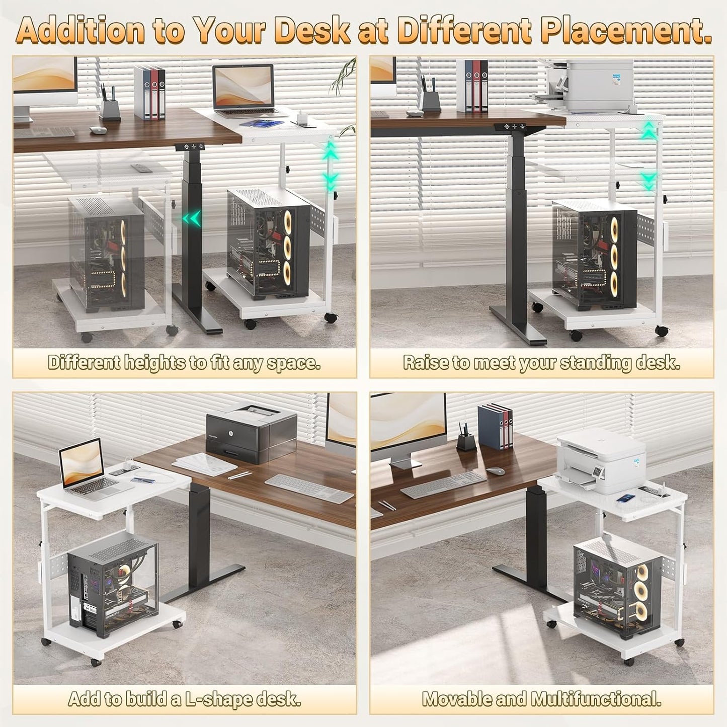Computer Tower Stand with Power Strips, 4 Levels Manual Height Adjustable PC Tower Stand for Under Desk, Mobile Rolling CPU Holder, Computer Cart with Wheels, 24", Carbon Fiber White