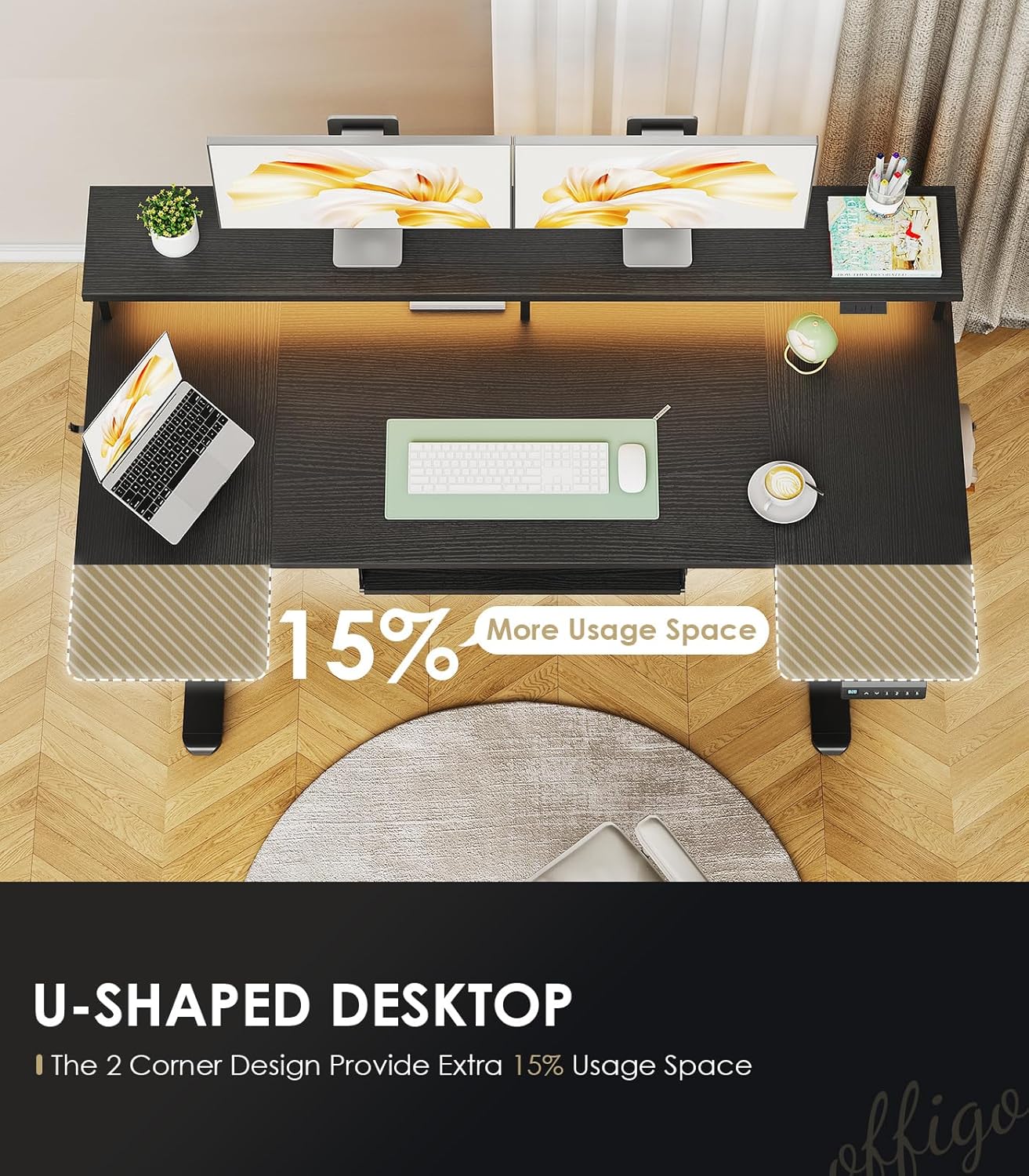 OffiGo U Shaped Electric Standing Desk with Keyboard Tray, 55 Inch Height Adjustable Desk with Power Outlets & LED Lights, Sit Stand Table with Monitor Stand for Home, Office, Black