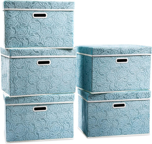 PRANDOM Stackable Storage Cubes with Lids [5-Pack] Fabric Decorative Storage Box Bins Organizer Containers Baskets with Cover Handles Divider for Bedroom Closet Living Room Blue 14.9x9.8x9.8 Inch