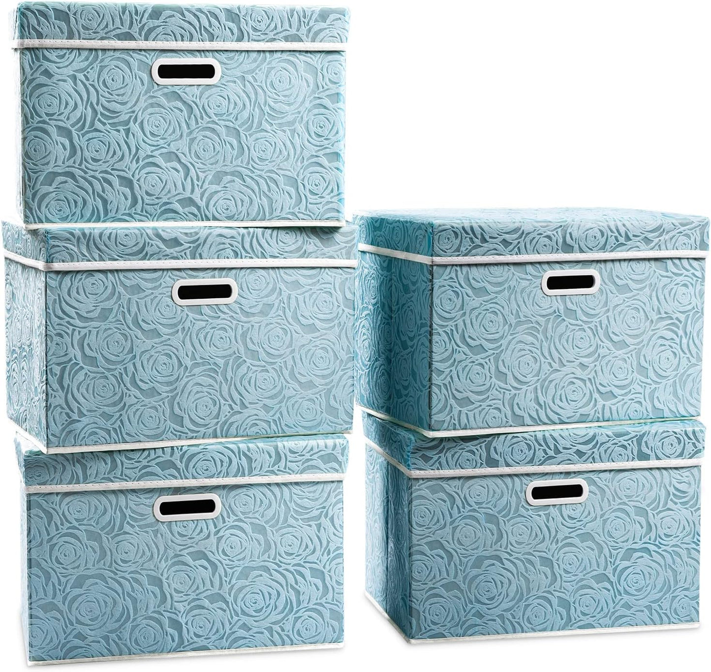 PRANDOM Large Collapsible Storage Boxes with Lids [5-Pack] Fabric Decorative Storage Bins Cubes Organizer Containers Baskets with Cover Handles for Bedroom Closet Nursery Blue 17.5x11.8x11.8 Inch