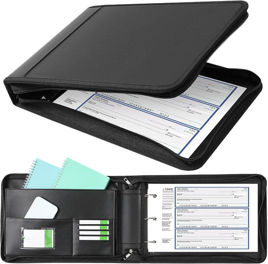 Henoyso 3 Rings Fireproof Business Check Binder with Zipper 1.5 Inch D Rings 3 on a Page Fit 3 & 9 Holes Check 600 Sheets Capacity Organizer Binder for Office Storage End Stub Deskbook(Black)