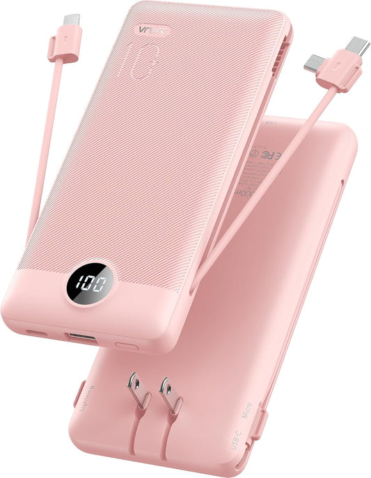 VRURC Portable Charger Built-in Cables and AC Wall Plug, USB C Power Bank 10000mAh, Travel Essentials Phone Charger Compact Lightweight External Battery Pack for Smart Phones, Tablets etc-Pink