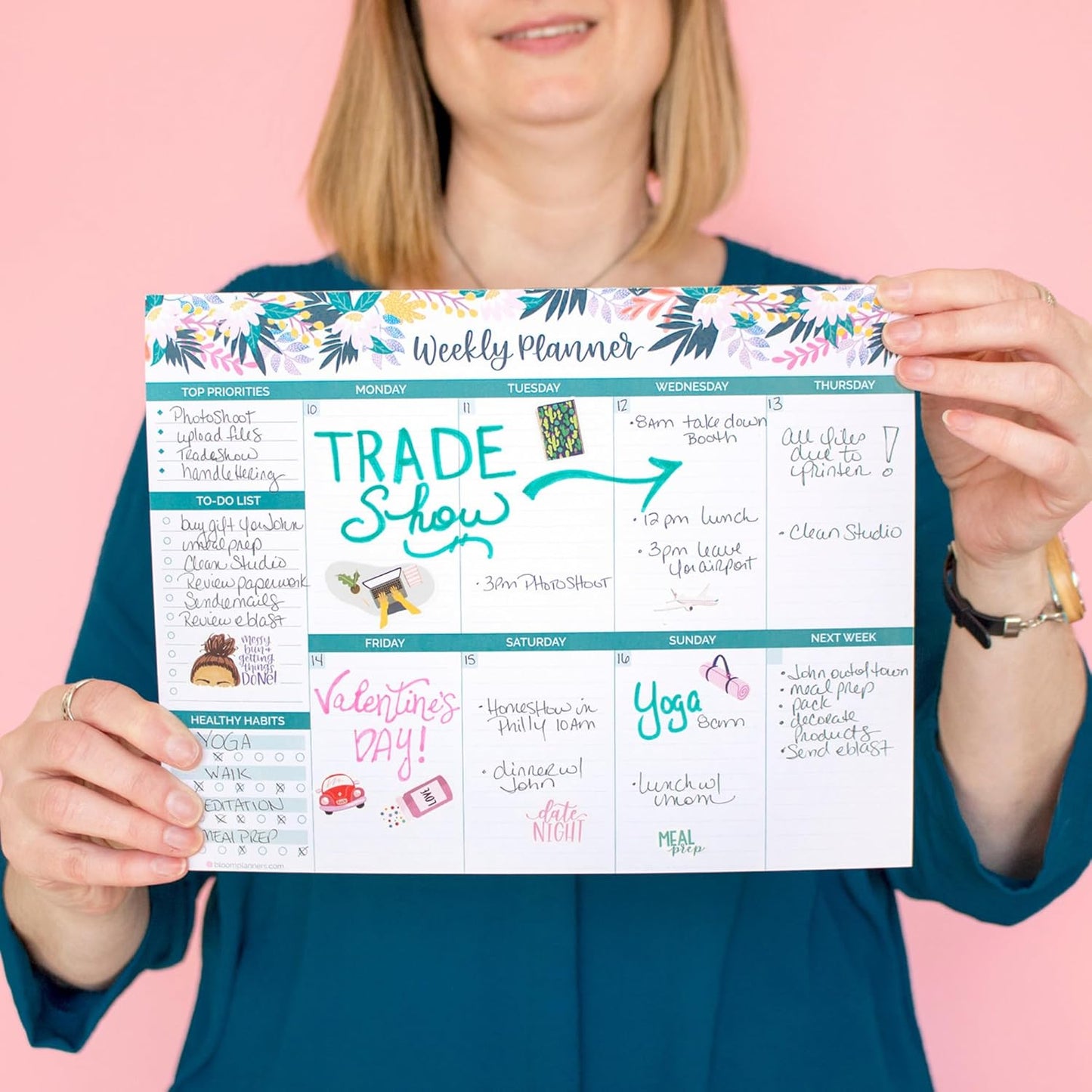 bloom daily planners Horizontal Weekly Tear-Off To Do List Planning Pad - Undated Notepad Organizer & Healthy Habit Tracker - 8.5” x 11” - Floral