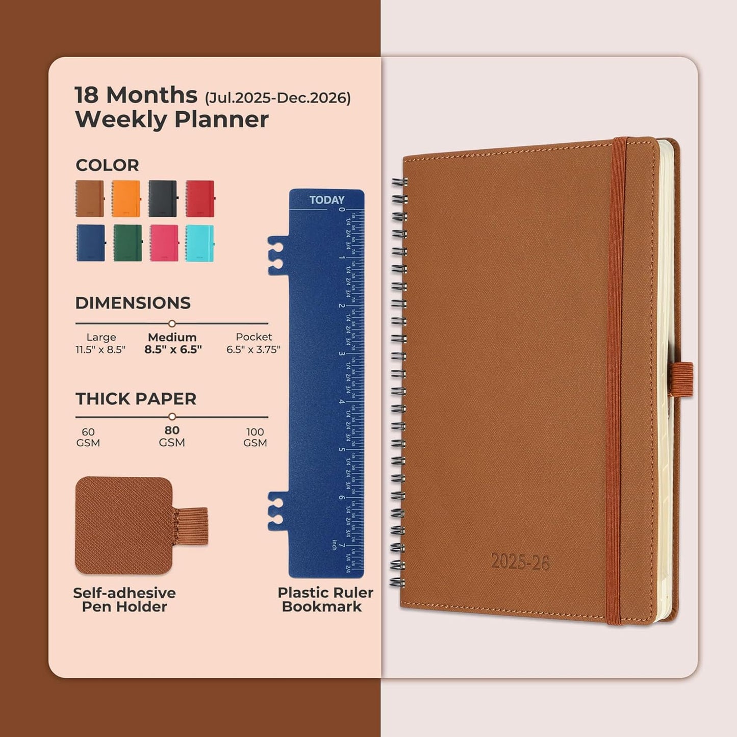 Planner 2025-2026 Daily Weekly and Monthly,8.5"x6.5",18 Months Spiral Bound Calendar Agenda with Self-adhesive Pen Holder,2026 Academic Plan with Vegan Leather Soft Cover,Brown