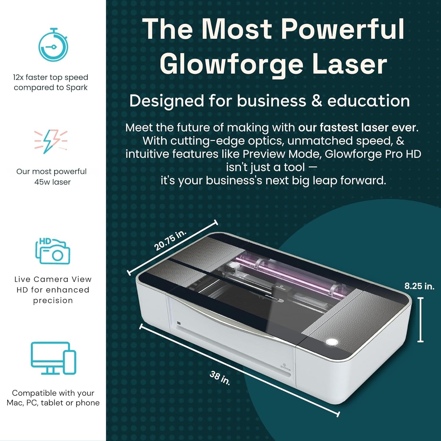 Glowforge Pro HD Laser Cutter and Engraver Machine with 45W CO2 Laser - Ultimate Power Laser Engraver with Cooling for Fast Laser Engraving on Wood, Leather, Metal, and Stone