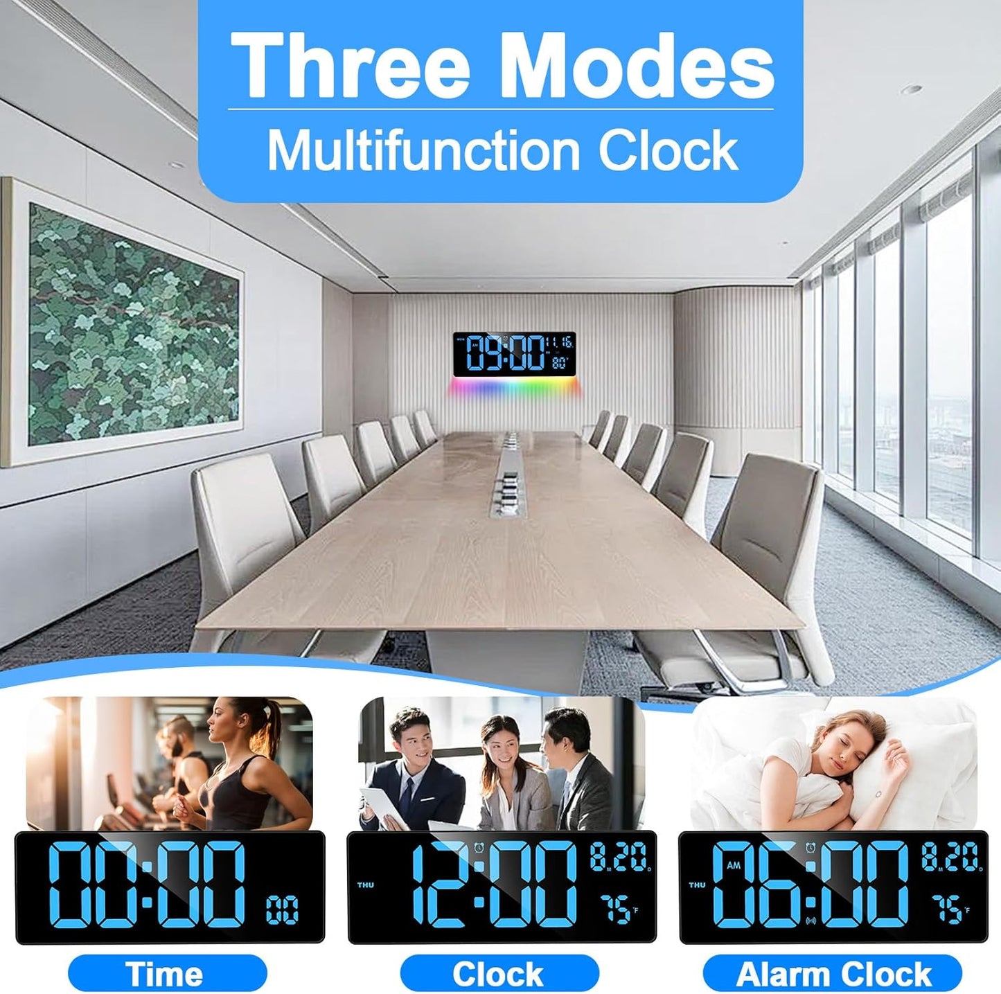 XREXS Digital Wall Clock Large Display, 16.5" LED Wall Clock with 6 Color Changes Night Lights, Auto DST, Count Up/Down Timer with Remote Control for Living Room Bedroom Office Wall Decor