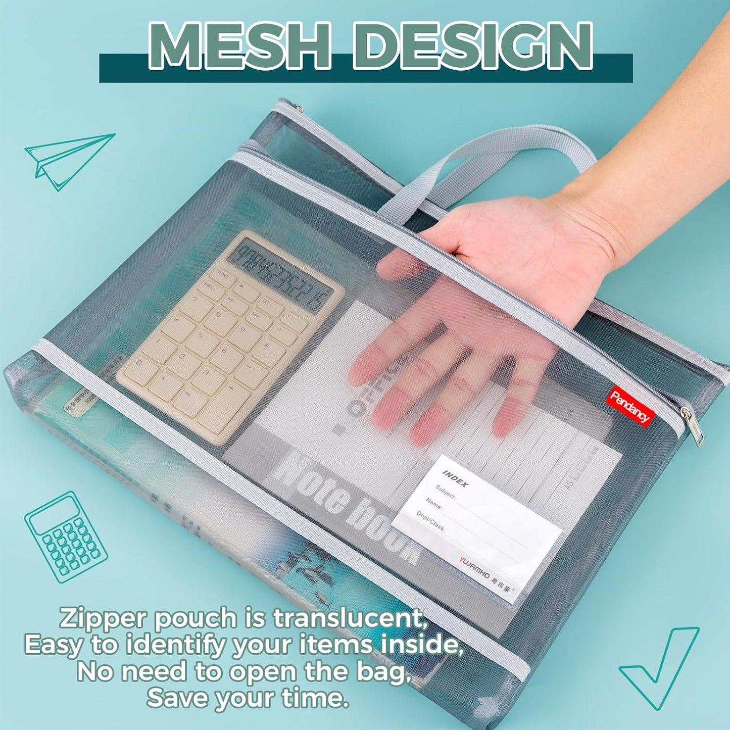 Pendancy Mesh Zipper Pouch A3 Size, Large Double Pocket Lightweight Nylon Transparent File Bag with Handle, 13x17 in Foldable Document Storage for Puzzle Project/Cross Stitch/Travel/Office (White)